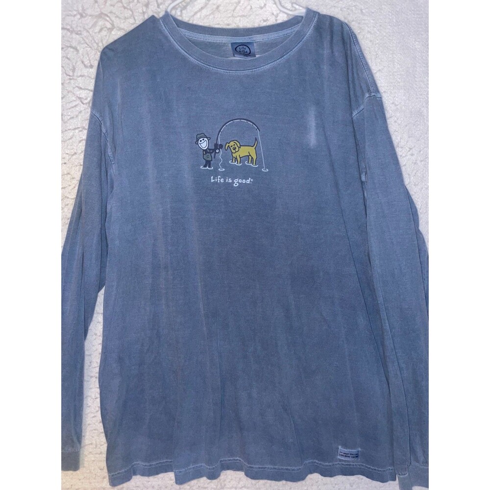 Life Is Good Jake Fishing Dog Mens XL Blue Graphic Logo Tshirt Long Sleeve